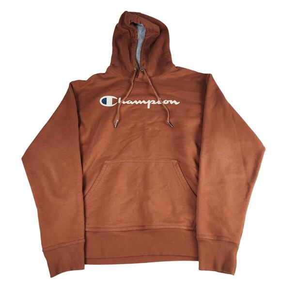 Champion Hoodie Men’s Medium Brown Logo Pullover Sweatshirt Cotton Blend Winter - Picture 2 of 9